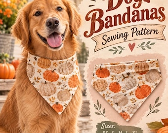 May include: A sewing pattern for dog bandanas featuring text that reads Dog Bandanas Sewing Pattern and Sizes XS S M L XL. The pattern displays a cream-colored fabric with a repeating print of orange and beige pumpkins and autumn leaves.