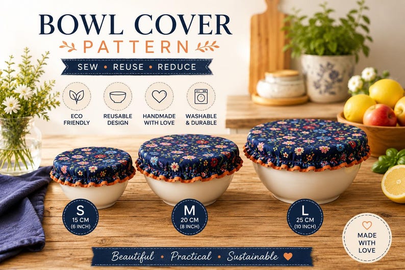 May include: Three white ceramic bowls covered with dark blue fabric featuring a colorful floral pattern and orange ruffled edges. The sizes are labeled as small 6 inches, medium 8 inches, and large 10 inches. Text includes BOWL COVER PATTERN.