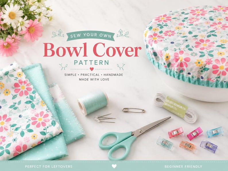 May include: A sewing pattern for a bowl cover featuring text that reads SEW YOUR OWN Bowl Cover PATTERN SIMPLE PRACTICAL HANDMADE MADE WITH LOVE. Includes floral fabric, mint thread, pins, a safety pin, elastic, scissors, and colorful clips.