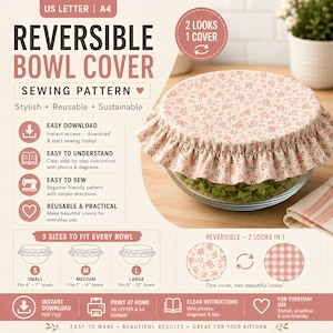 May include: A sewing pattern for a reversible bowl cover featuring text that reads Reversible Bowl Cover Sewing Pattern. The image shows a floral fabric cover on a glass bowl, with diagrams for small, medium, and large sizes for 4-12 inch bowls.