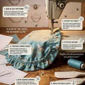 May include: A step-wise guide for an elasticized bowl cover featuring a teal fabric with a gold bee and honeycomb pattern. The image shows a sewing machine, a spool of teal thread, and text instructions labeled 1 through 6 with diagrams.
