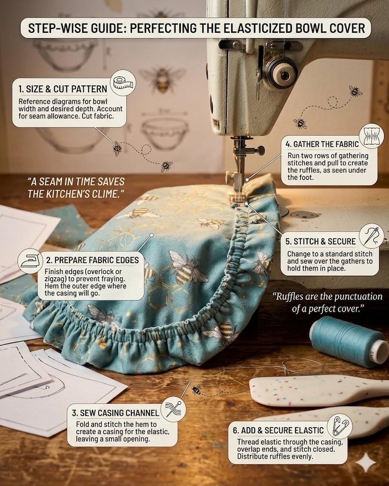 May include: A step-wise guide for an elasticized bowl cover featuring a teal fabric with a gold bee and honeycomb pattern. The image shows a sewing machine, a spool of teal thread, and text instructions labeled 1 through 6 with diagrams.