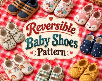 May include: A collection of various baby shoes featuring patterns like denim, butterflies, floral, fox faces, stars, rainbows, green gingham, and yellow polka dots, surrounding a central sign that reads Reversible Baby Shoes Pattern.