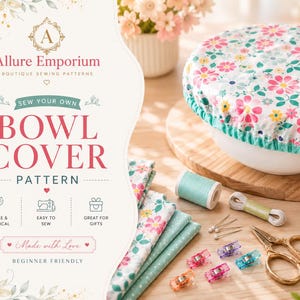 May include: A sewing pattern for a bowl cover by Allure Emporium featuring text that reads Sew Your Own Bowl Cover Pattern. The image includes a white bowl with a floral fabric cover, folded fabric, mint thread, elastic, pins, clips, and gold scissors.