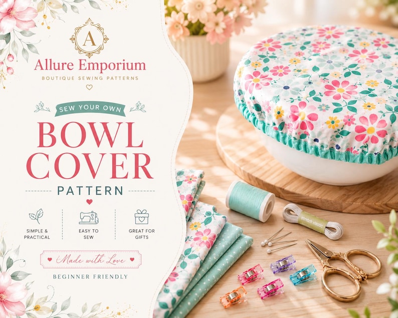 May include: A sewing pattern for a bowl cover by Allure Emporium featuring text that reads Sew Your Own Bowl Cover Pattern. The image includes a white bowl with a floral fabric cover, folded fabric, mint thread, elastic, pins, clips, and gold scissors.