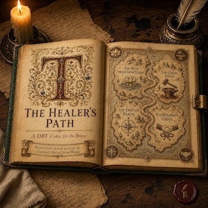 May include: An open book titled "The Healer's Path" with ornate illustrations and text. The book's pages feature a map-like design with labels such as "The Wise Mind Sanctuary" and "The Emotion Realm." A lit candle and a quill pen are visible.