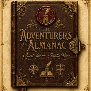 Peut inclure: Image détaillée d'un livre relié en cuir intitulé "The Adventurer's Almanac: Quests for the Chaotic Mind". La couverture est marron avec des lettres dorées et des coins décoratifs. Un sceau de cire rouge et une boussole sont également présents. Le livre a un signet.