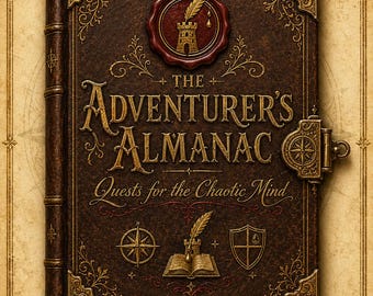 May include: A detailed image of a leather-bound book titled "The Adventurer's Almanac: Quests for the Chaotic Mind." The cover is brown with gold lettering and decorative corner pieces. A red wax seal and compass are also featured. The book has a bookmark.