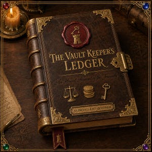 May include: A brown leather-bound book titled "The Vault Keeper's Ledger" with gold lettering and decorative corner accents. The cover features a wax seal with a key and tower design, a metal clasp, and a ribbon bookmark.