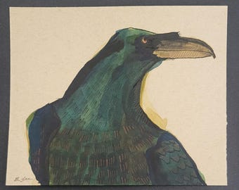 Raven Head Original ink Painting On Paper