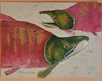 Sockey Salmon Ink and Watercolor Painting