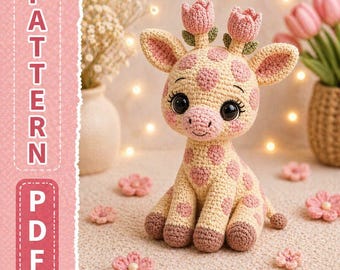 Tulip Giraffe Amigurumi Crochet Pattern (PDF), Pink Spotted Kawaii Safari Animal Tutorial
