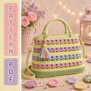 May include: A crocheted handbag with a floral pattern in shades of green, pink, and purple. The bag has a matching strap and a tassel. The image also includes the text "PATTERN PDF".