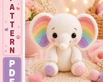 Wzór na szydełkowego słonia tęczowego w formacie PDF, samouczek na pluszową maskotkę amigurumi, zabawka kawaii