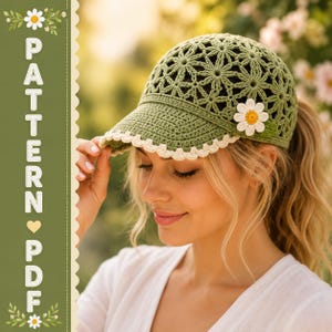 May include: A sage green crochet baseball cap featuring an intricate openwork daisy flower pattern throughout the crown. The brim is edged with a scalloped cream-coloured trim and adorned with a single white and yellow crocheted daisy applique.