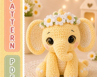 Daisy Elephant Amigurumi Crochet Pattern – Kawaii Flower Crown Baby Toy (PDF Download)
