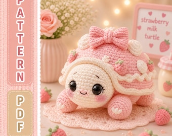 Haakpatroon aardbei-melkschildpad, kawaii amigurumi-knuffel pdf, zeeschildpad DIY