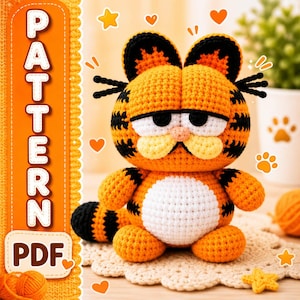 May include: A crochet amigurumi cat with orange fur, black stripes, and a white belly. The cat has large, half-closed black eyes, a small pink nose, and black whiskers. A vertical orange banner on the left side displays the text PATTERN PDF.
