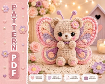 Butterfly Bear Crochet Pattern, Kawaii Amigurumi Plush Toy (PDF Download)