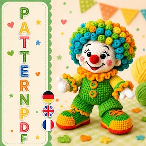 Schema PDF per realizzare un pagliaccio felice all'uncinetto, bambola amigurumi, decorazione da circo (download digitale)