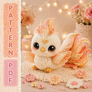 May include: A crocheted bird with large, expressive eyes and a fluffy tail, in shades of cream, peach, and gold. The text "PATTERN PDF" is visible on the left. The bird is surrounded by crocheted flowers.