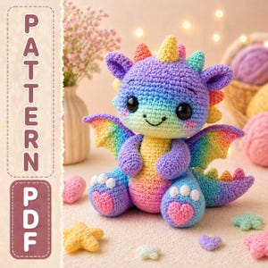 Rainbow Crochet Dragon Pattern PDF, Kawaii Amigurumi Plush Toy (Digital Download)