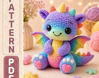 Rainbow Crochet Dragon Pattern PDF, Kawaii Amigurumi Plush Toy (Digital Download)