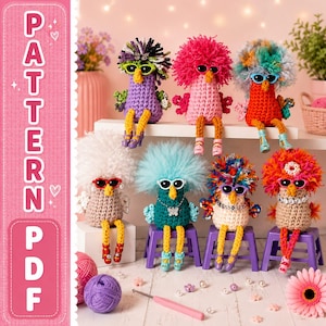 May include: Seven crocheted bird figures with fuzzy hair, sunglasses, and accessories. The top row features purple, pink, and orange birds. The bottom row includes white, teal, multicolored, and tan birds. Text on the left reads PATTERN PDF.