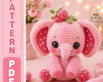 Strawberry Elephant Crochet Pattern, Amigurumi Pink Animal PDF, Kawaii Plushie DIY Design (Digital Download)