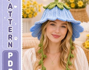 Patroon gehaakte muts met Bluebell-bloem, amigurumi-draagbaar voor beginners (pdf-download)