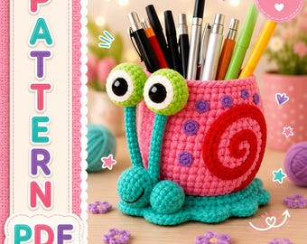 Snail Pen Holder Crochet Pattern PDF, Amigurumi Desk Organizer (Instant Download)