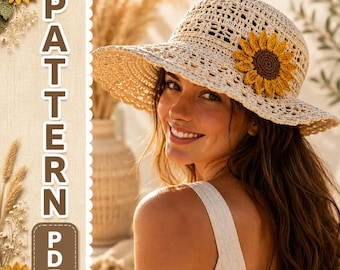 Crochet Sunflower Hat Pattern, Women Applique Headwear, Wide Brim Lacy Sunhat Tutorial (PDF)