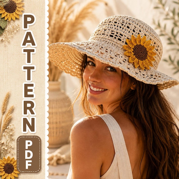Crochet Sunflower Hat Pattern, Women Applique Headwear, Wide Brim Lacy Sunhat Tutorial (PDF)
