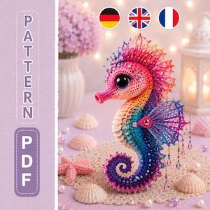 Rainbow Seahorse Crochet Pattern PDF, Beaded Amigurumi Ocean Animal Tutorial, Colorful Fantasy Plush DIY Gift Decor for Nursery Room Art Fun