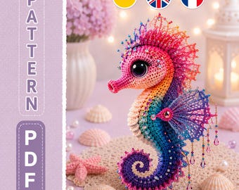 Rainbow Seahorse Crochet Pattern PDF, Beaded Amigurumi Ocean Animal Tutorial, Colorful Fantasy Plush DIY Gift Decor for Nursery Room Art Fun
