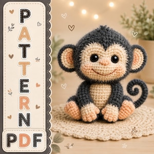 May include: A crocheted monkey toy with dark gray fur and light beige accents on the face, ears, hands, and feet. The monkey has large black eyes and a curled tail. To the left, a vertical banner displays the text PATTERN PDF in block letters.