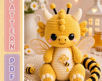 Virkmönster för amigurumi med honungsbi och drake (PDF) – Handledning för kawaii plyschleksak