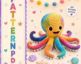 Virkmönster för regnbågsbläckfisk, Amigurumi PDF-handledning, färgglad plyschleksak DIY (digital nedladdning)