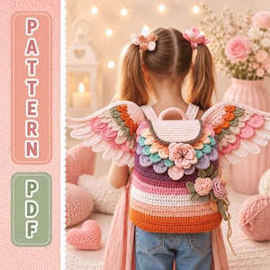 Puede incluir: Una colorida mochila de ganchillo con alas de ángel. La mochila presenta un arcoíris de colores, incluyendo rosa, naranja, morado y verde. Las alas están detalladas con plumas de ganchillo en capas. Las palabras "PATTERN" y "PDF" son visibles.