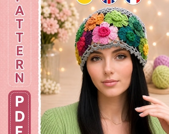 Floral Crochet Hat Pattern, Colorful Flower Beanie Tutorial (PDF Download)