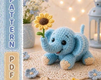 Haakpatroon zonnebloemolifant pdf, amigurumi-speelgoedzelfstudie (digitale download)
