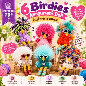 May include: A digital PDF pattern bundle for 6 crocheted amigurumi bird dolls. The image displays six colorful yarn birds with textured hair, plastic glasses, and yellow beaks. Text includes 6 Birdies Amigurumi Doll Pattern Bundle, 6 Cute Characters 1 Amazing Bundle, and Step-by-step Instructions.