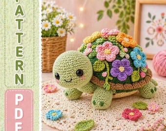 Floral Turtle Crochet Pattern PDF, Kawaii Amigurumi Tortoise, Spring Animal Plush Toys (Digital Download)