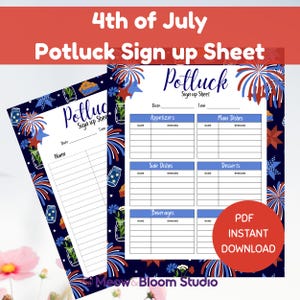 Puede incluir: Una hoja de registro para comida compartida del 4 de julio con fondo azul oscuro, decorada con fuegos artificiales, estrellas y frascos de vidrio en rojo, blanco y azul. El documento incluye secciones para aperitivos, platos y bebidas.