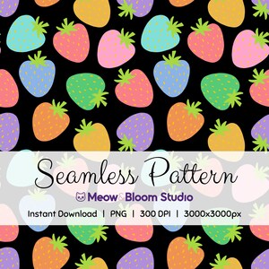 Puede incluir: Patrón sin costuras con fresas coloridas en tonos rosa, azul, naranja, verde y morado sobre un fondo negro. El texto "Seamless Pattern" se muestra en blanco, junto con el nombre del estudio y los detalles de descarga.