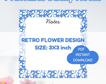 Floral plaknotities afdrukbare sjabloon 3 x 3, retro blauwe memonotities, afdrukbaar bureau, notitieblok, instant download, US Letter A4, schattig notitieblok