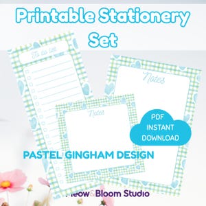 May include: A printable stationery set featuring a pastel green and blue gingham pattern with heart accents. The set includes a to-do list and two note sheets with the text "To do list", "Notes", "PDF INSTANT DOWNLOAD", and "PASTEL GINGHAM DESIGN".