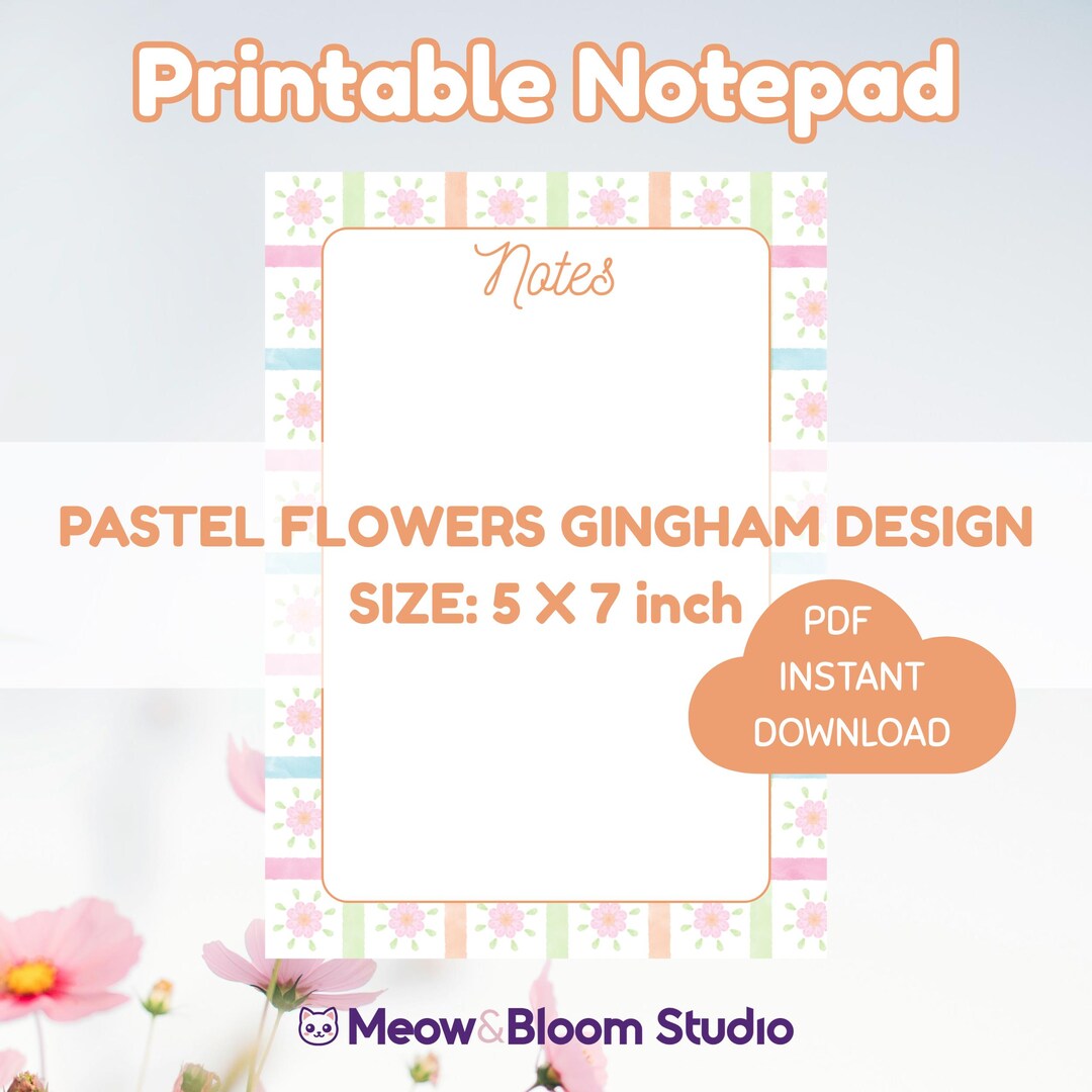 Cottagecore Notepad Printable PDF, Pastel Gingham Notes Page, Pink ...