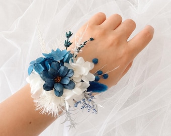 Ocean Blue Preserved Flower Boutonniere or Wrist Corsage, Handmade Wedding Floral Accessory