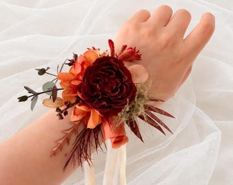 Burgundy and Burnt Orange Preserved Flower Boutonniere or Wrist Corsage, Handmade Wedding Accessory